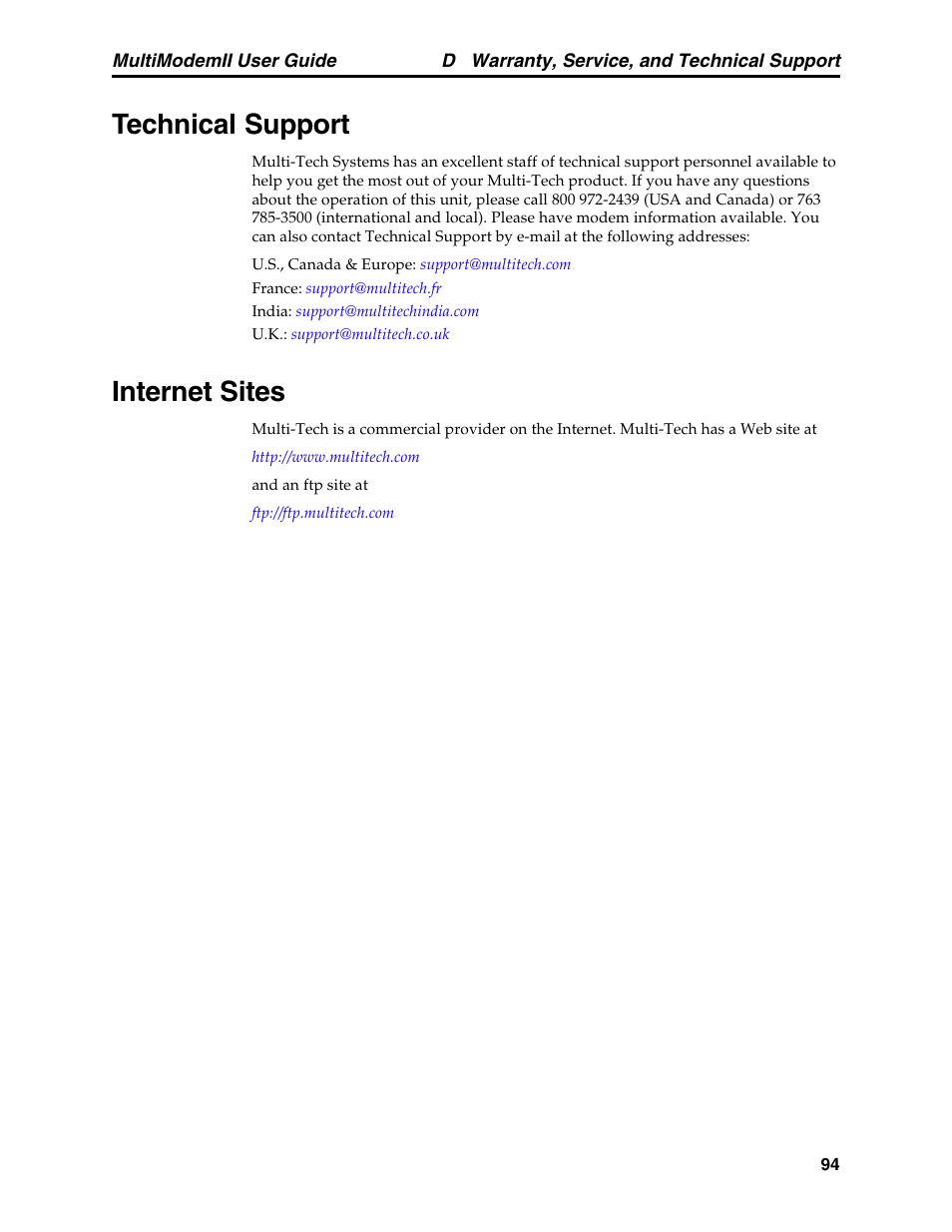 Technical support, Internet sites, Technical support internet sites | Multitech MULTI MODEM II MT5600BA User Manual | Page 100 / 113