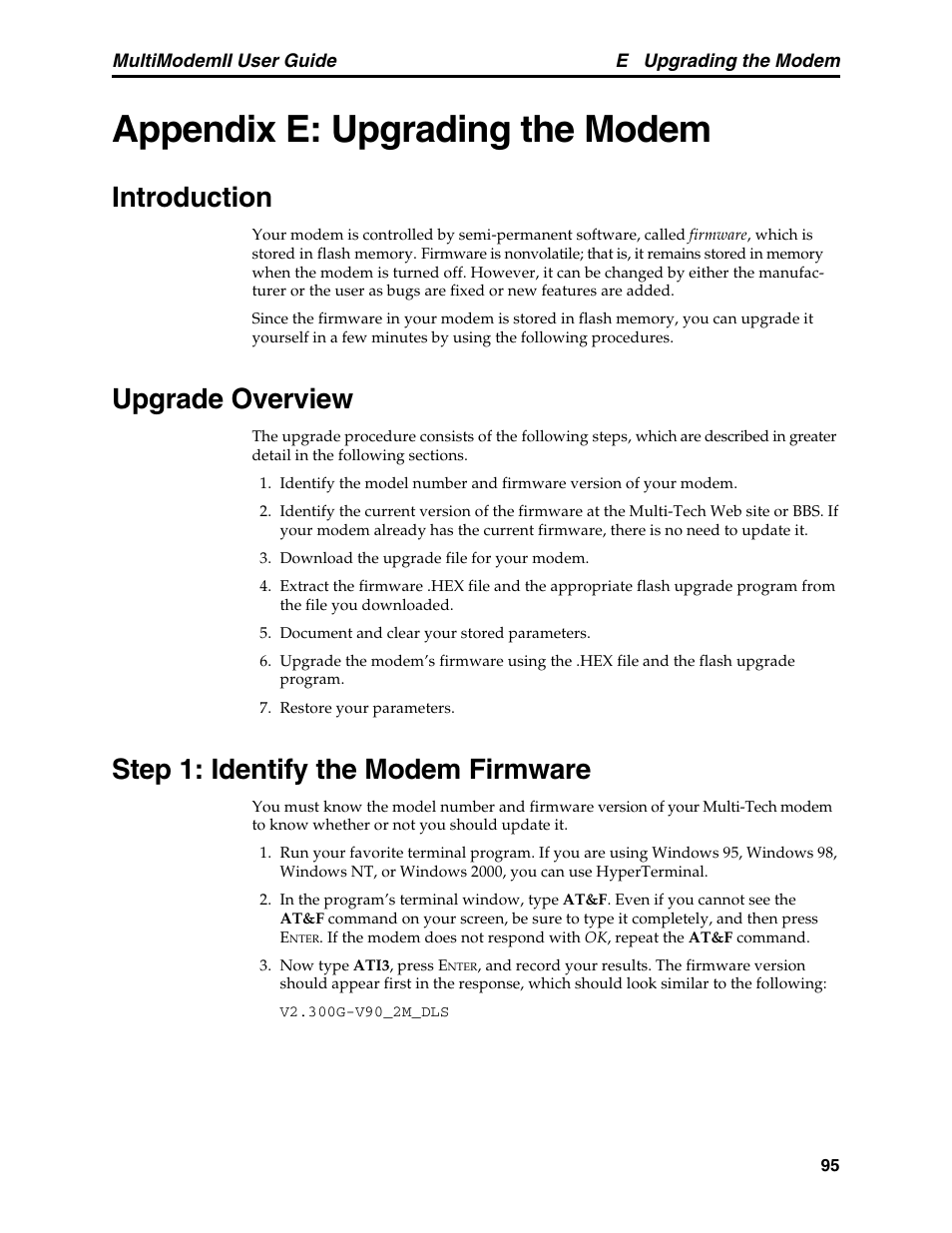 Appendix e: upgrading the modem, Introduction, Upgrade overview | Step 1: identify the modem firmware | Multitech MULTI MODEM II MT5600BA User Manual | Page 101 / 113
