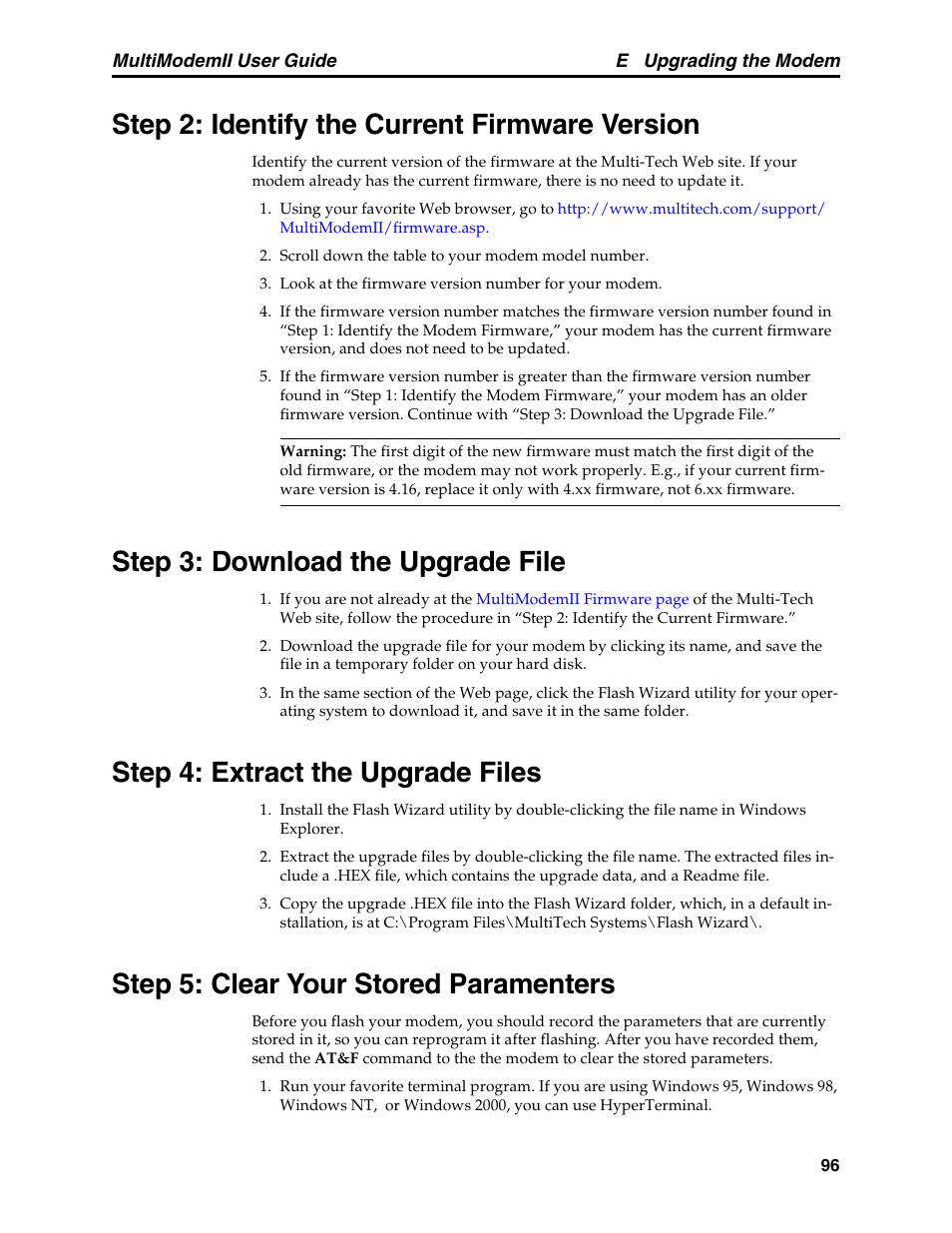 Step 2: identify the current firmware version, Step 3: download the upgrade file, Step 4: extract the upgrade files | Step 5: clear your stored paramenters | Multitech MULTI MODEM II MT5600BA User Manual | Page 102 / 113