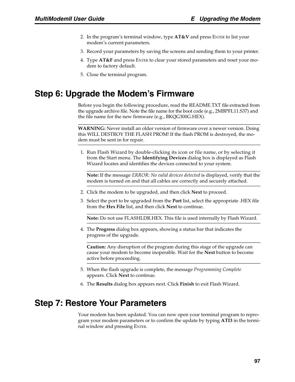 Step 6: upgrade the modem's firmware, Step 7: restore your parameters, Step 6: upgrade the modem’s firmware | E upgrading the modem, Multimodemii user guide | Multitech MULTI MODEM II MT5600BA User Manual | Page 103 / 113