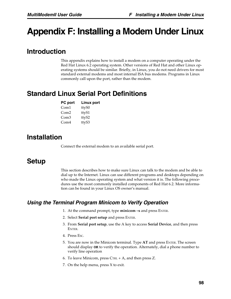 Appendix f: installing a modem under linux, Introduction, Standard linux serial port definitions | Installation, Setup | Multitech MULTI MODEM II MT5600BA User Manual | Page 104 / 113