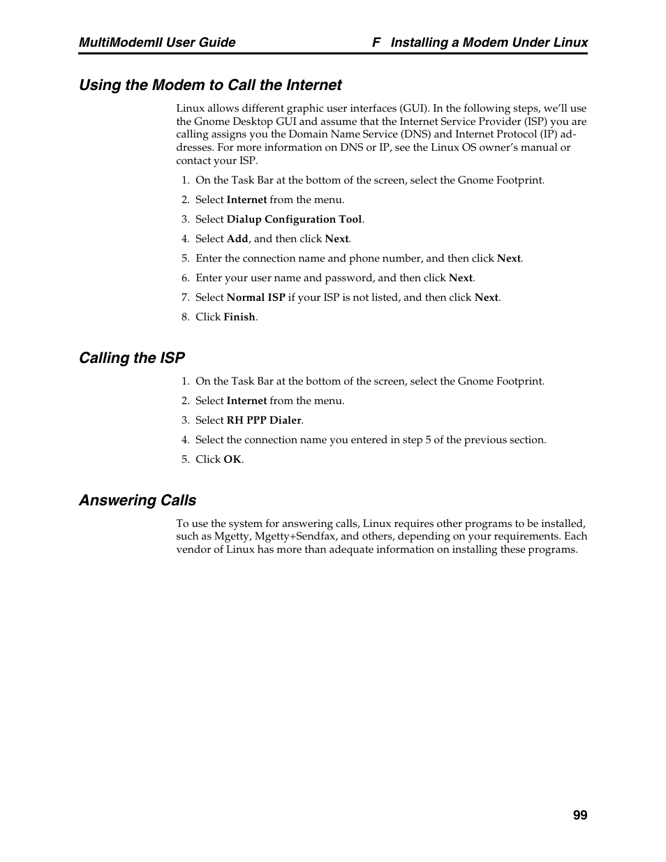 Using the modem to call the internet, Calling the isp, Answering calls | Multitech MULTI MODEM II MT5600BA User Manual | Page 105 / 113