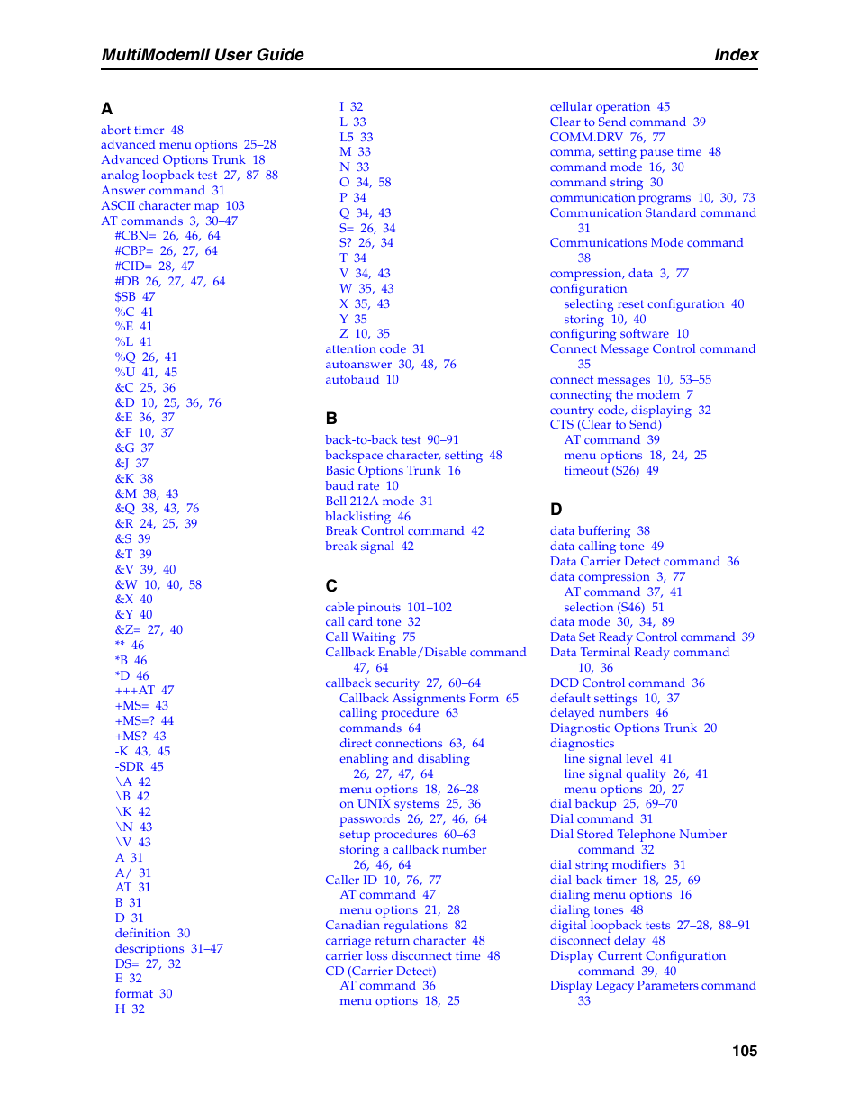 Index, Multimodemii user guide | Multitech MULTI MODEM II MT5600BA User Manual | Page 111 / 113