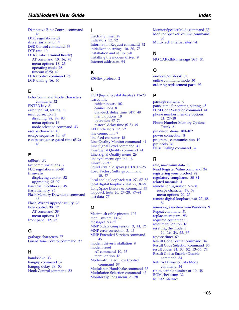Index, Multimodemii user guide | Multitech MULTI MODEM II MT5600BA User Manual | Page 112 / 113