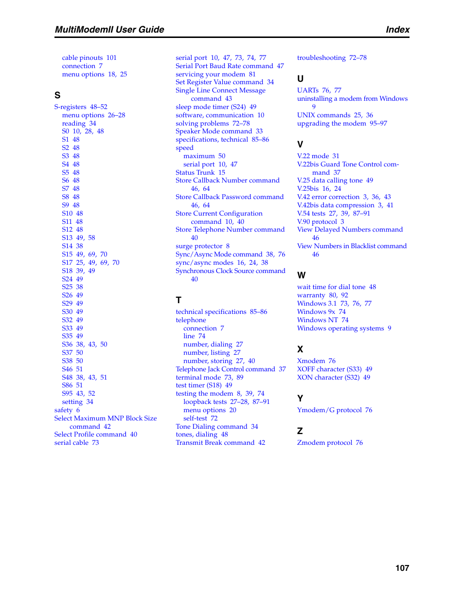 Index, Multimodemii user guide | Multitech MULTI MODEM II MT5600BA User Manual | Page 113 / 113