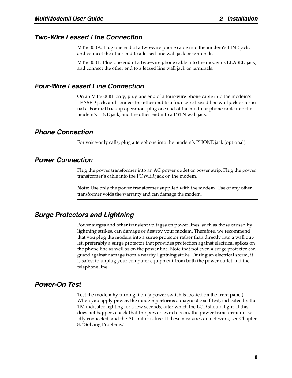 Two-wire leased line connection, Four-wire leased line connection, Phone connection | Power connection, Surge protectors and lightning, Power-on test | Multitech MULTI MODEM II MT5600BA User Manual | Page 14 / 113
