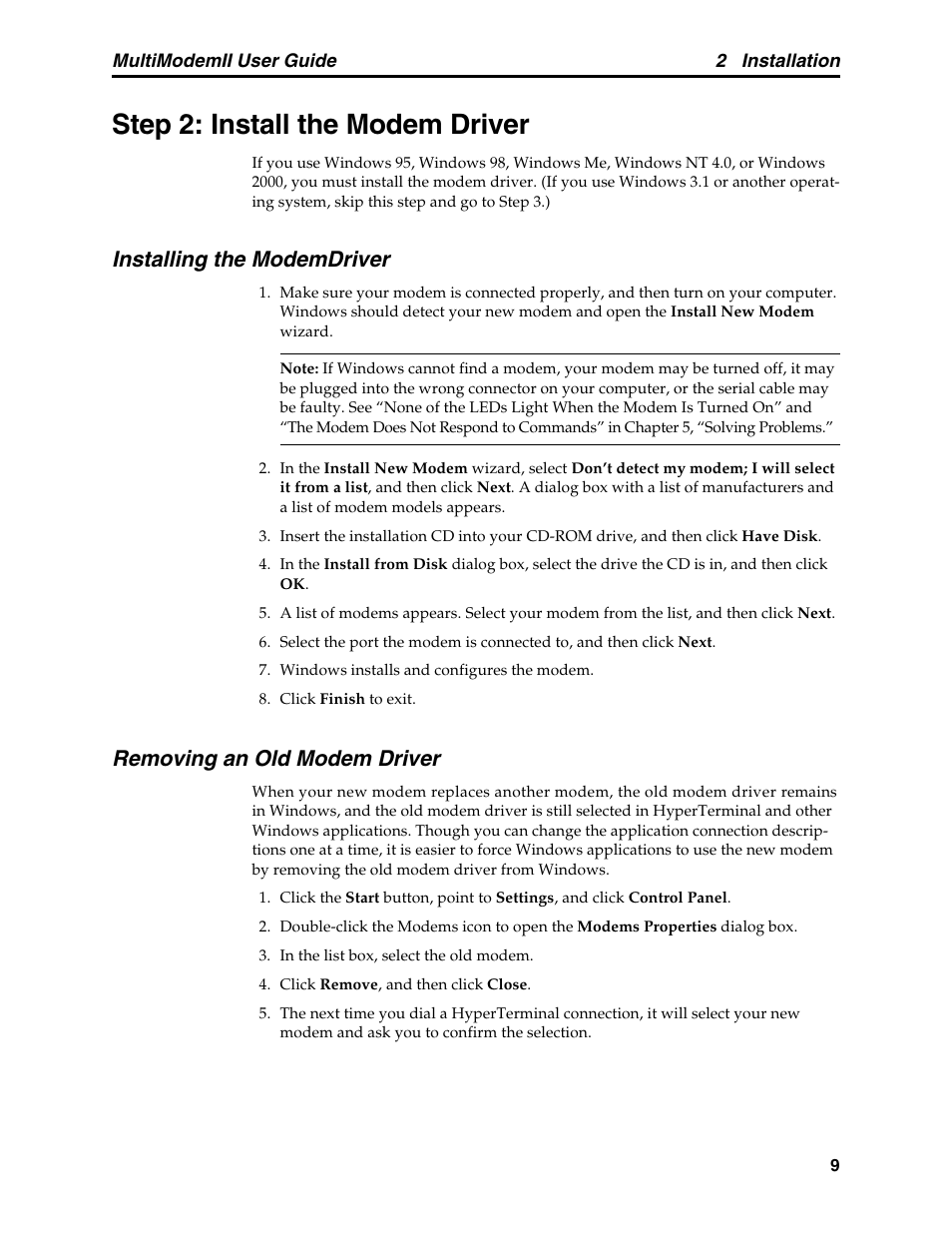 Step 2: install the modem driver, Installing the modemdriver, Removing an old modem driver | Multitech MULTI MODEM II MT5600BA User Manual | Page 15 / 113