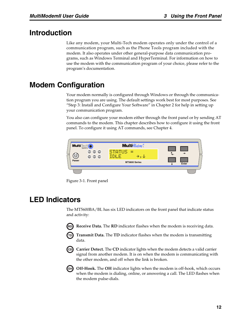 Chapter 3: using the front panel, Introduction, Modem configuration | Led indicators, Introduction modem configuration led indicators | Multitech MULTI MODEM II MT5600BA User Manual | Page 18 / 113