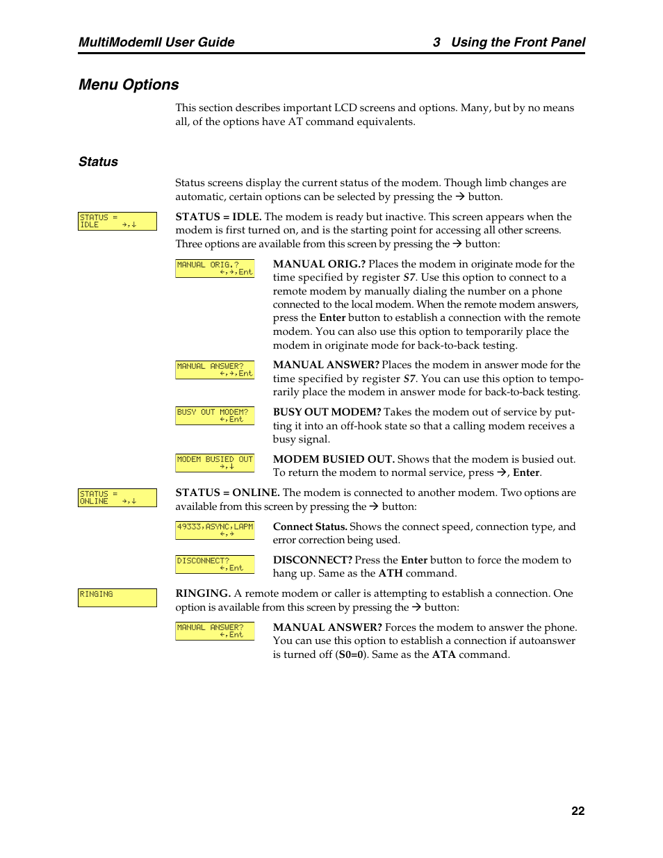 Menu options, Status, 3 using the front panel | Multimodemii user guide | Multitech MULTI MODEM II MT5600BA User Manual | Page 28 / 113