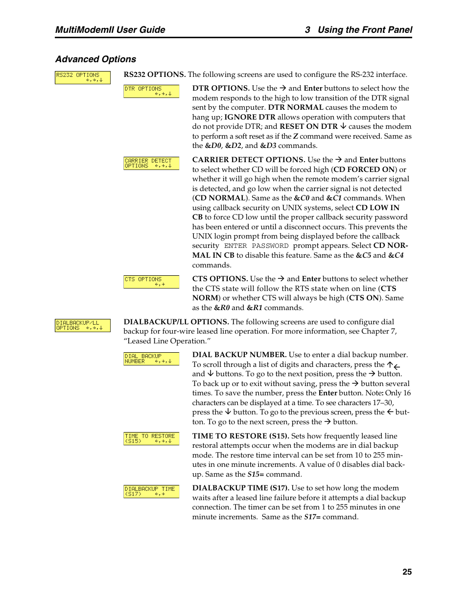 Advanced options, 3 using the front panel, Multimodemii user guide advanced options | Multitech MULTI MODEM II MT5600BA User Manual | Page 31 / 113