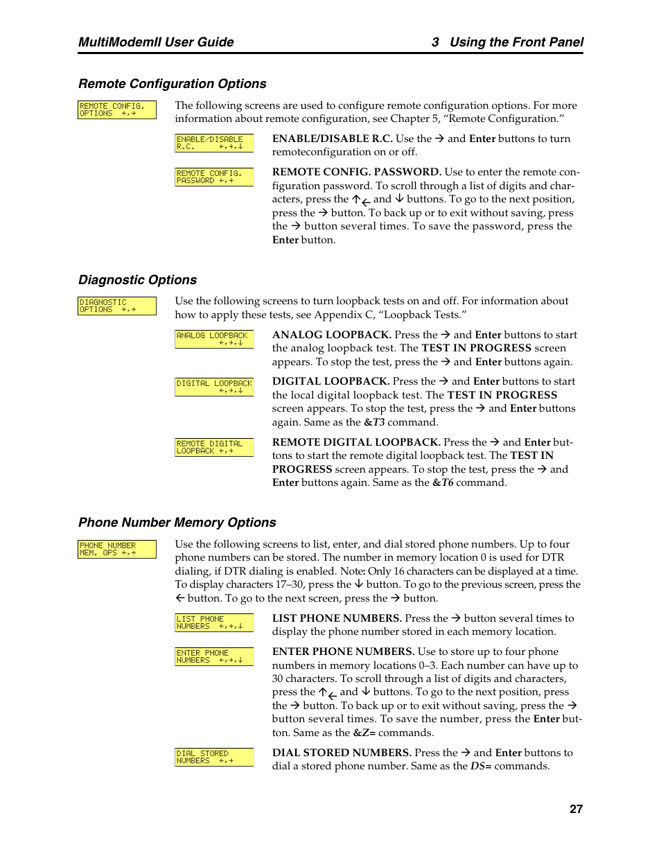 Remote configuration options, Diagnostic options, Phone number memory options | 3 using the front panel | Multitech MULTI MODEM II MT5600BA User Manual | Page 33 / 113