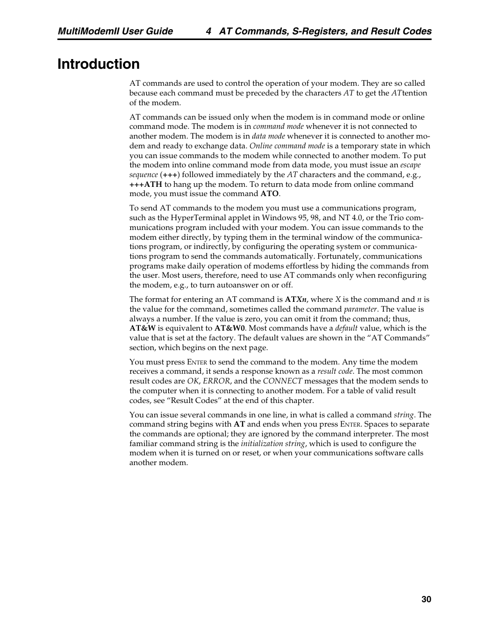 Chapter 4: at commands, s-registers & result codes, Introduction | Multitech MULTI MODEM II MT5600BA User Manual | Page 36 / 113