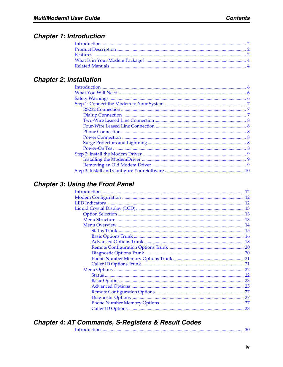 Chapter 1: introduction, Chapter 2: installation, Chapter 3: using the front panel | Chapter 4: at commands, s-registers & result codes | Multitech MULTI MODEM II MT5600BA User Manual | Page 4 / 113