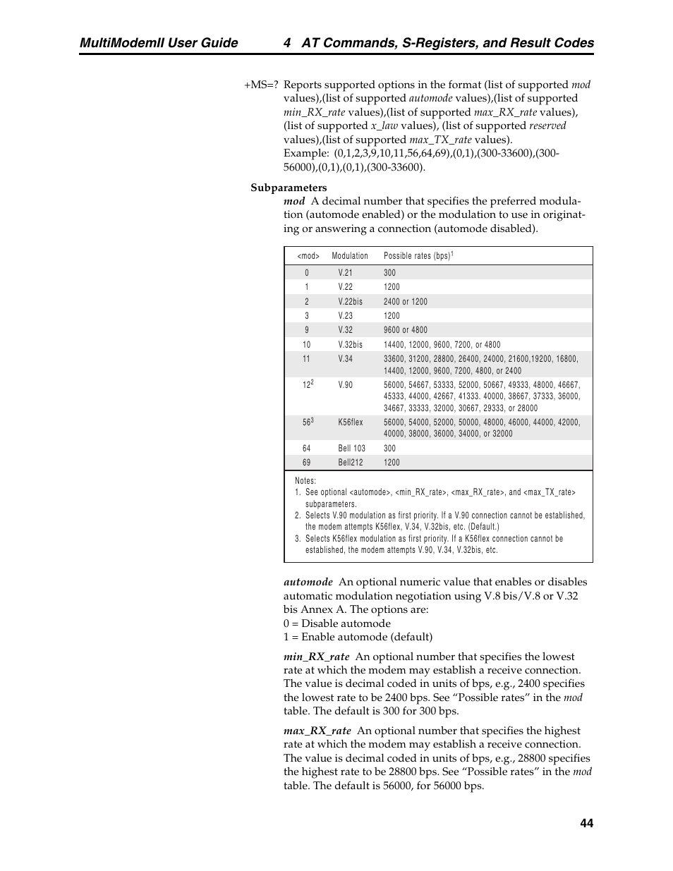 4 at commands, s-registers, and result codes, Multimodemii user guide | Multitech MULTI MODEM II MT5600BA User Manual | Page 50 / 113