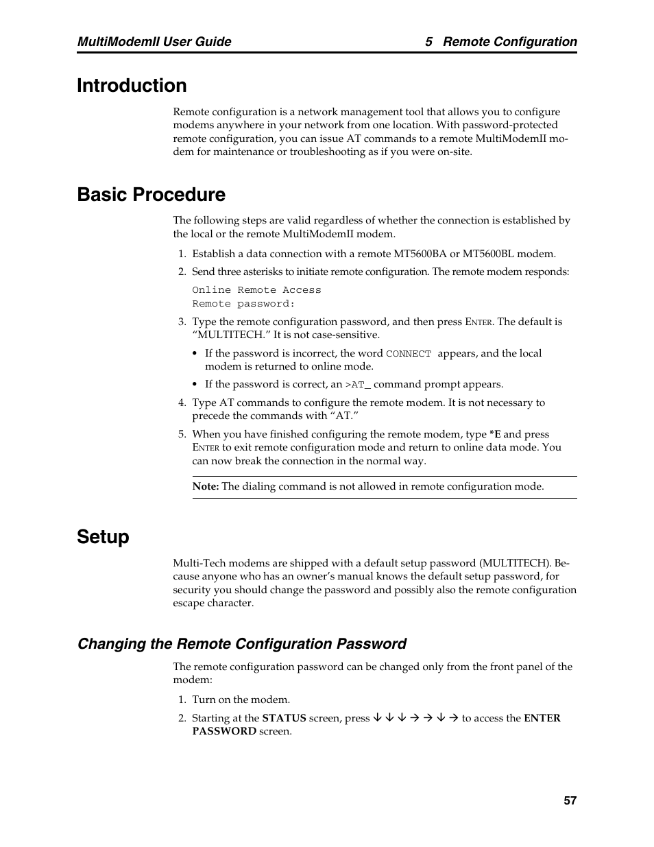 Chapter 5: remote configuration, Introduction, Basic procedure | Setup, Changing the remote configuration password, Introduction basic procedure setup | Multitech MULTI MODEM II MT5600BA User Manual | Page 63 / 113