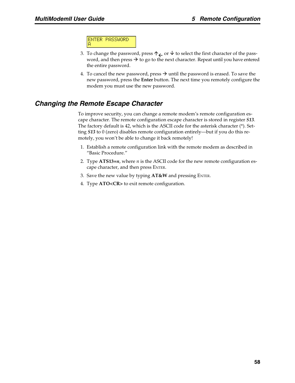 Changing the remote escape character, 5 remote configuration, Multimodemii user guide | Multitech MULTI MODEM II MT5600BA User Manual | Page 64 / 113