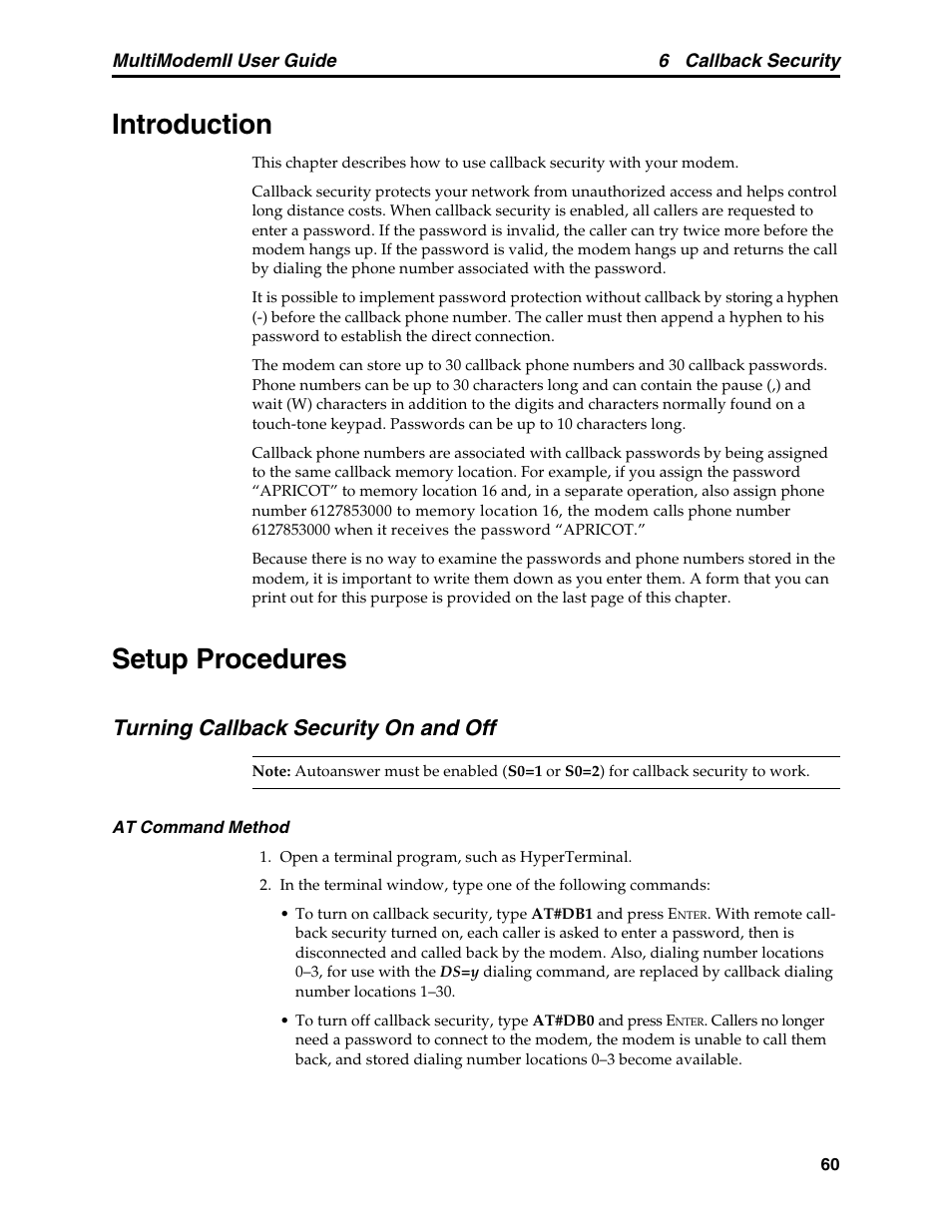 Chapter 6: callback security, Introduction, Setup procedures | Turning callback security on and off, Introduction setup procedures | Multitech MULTI MODEM II MT5600BA User Manual | Page 66 / 113