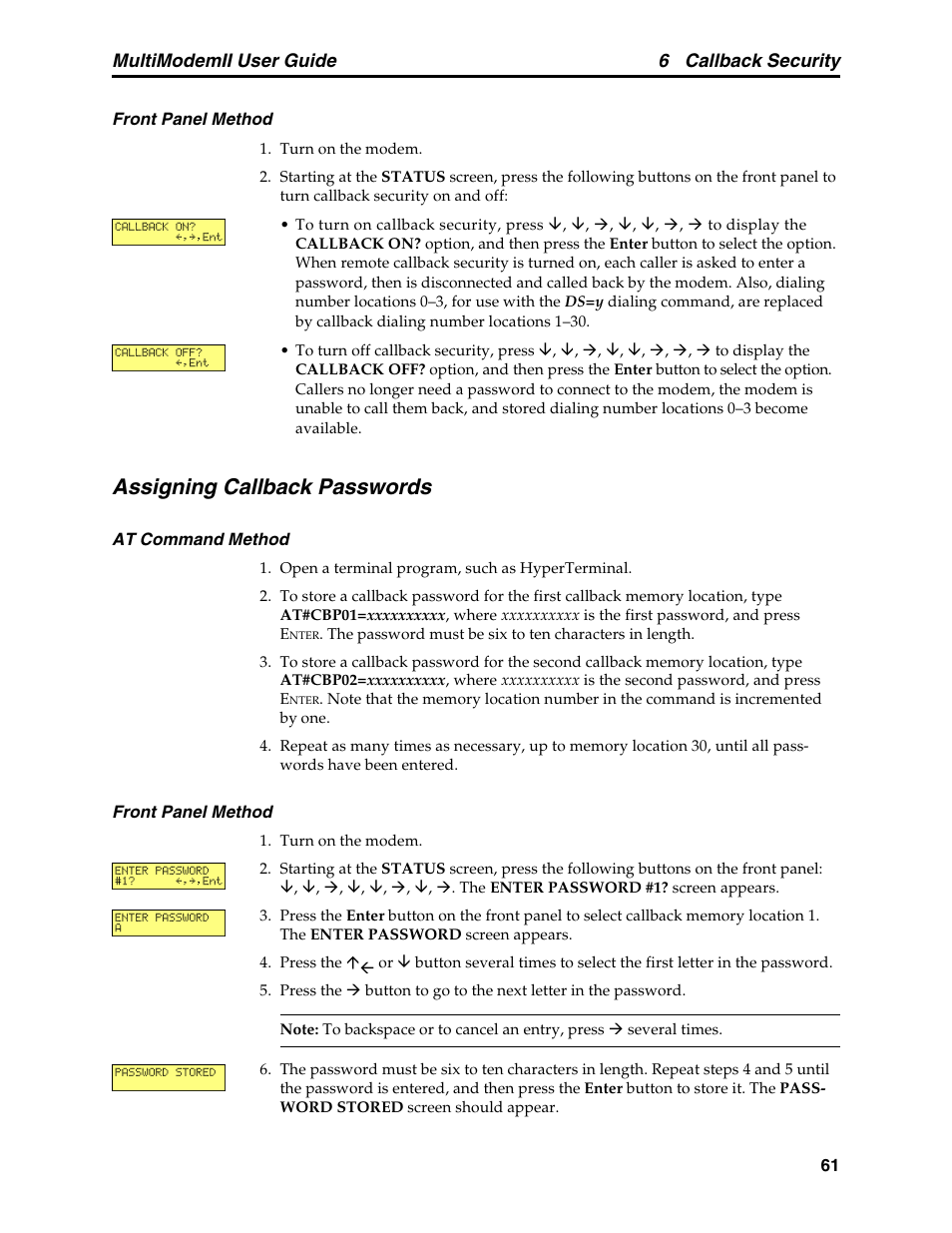 Assigning callback passwords, 6 callback security, Multimodemii user guide | Multitech MULTI MODEM II MT5600BA User Manual | Page 67 / 113