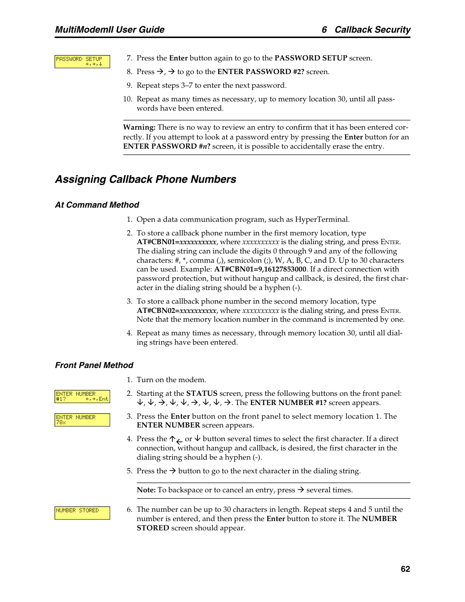 Assigning callback phone numbers, 6 callback security, Multimodemii user guide | Multitech MULTI MODEM II MT5600BA User Manual | Page 68 / 113