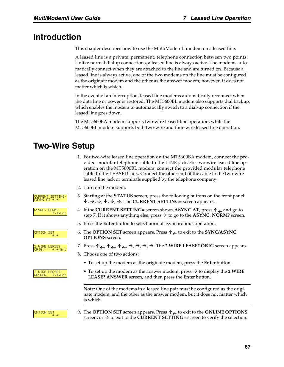 Chapter 7: leased line operation, Introduction, Two-wire setup | Introduction two-wire setup | Multitech MULTI MODEM II MT5600BA User Manual | Page 73 / 113