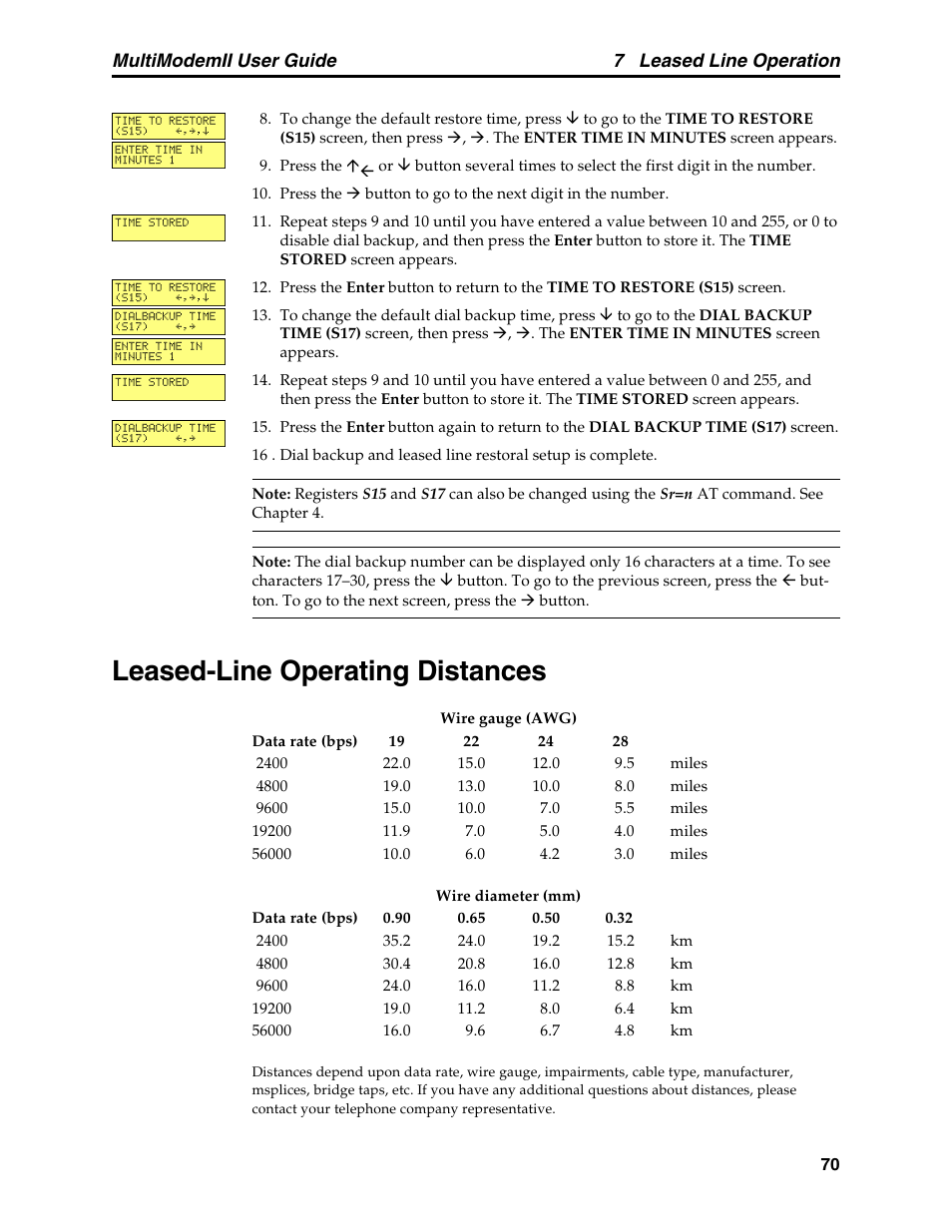 Leased-line operating distances, 7 leased line operation, Multimodemii user guide | Multitech MULTI MODEM II MT5600BA User Manual | Page 76 / 113