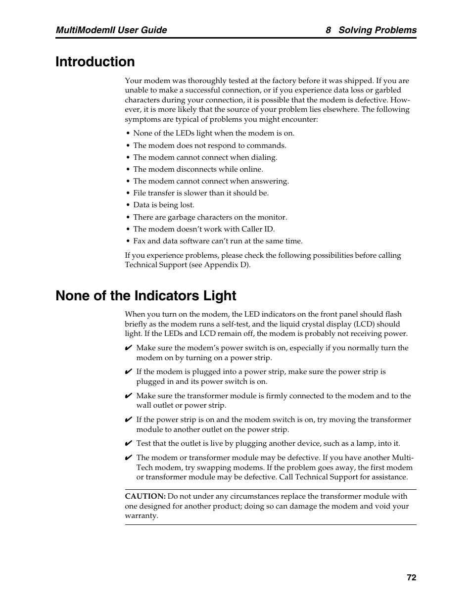 Chapter 8: solving problems, Introduction, None of the indicators light | Introduction none of the indicators light | Multitech MULTI MODEM II MT5600BA User Manual | Page 78 / 113