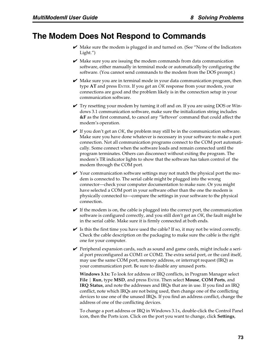 The modem does not respond to commands, 8 solving problems, Multimodemii user guide | Multitech MULTI MODEM II MT5600BA User Manual | Page 79 / 113