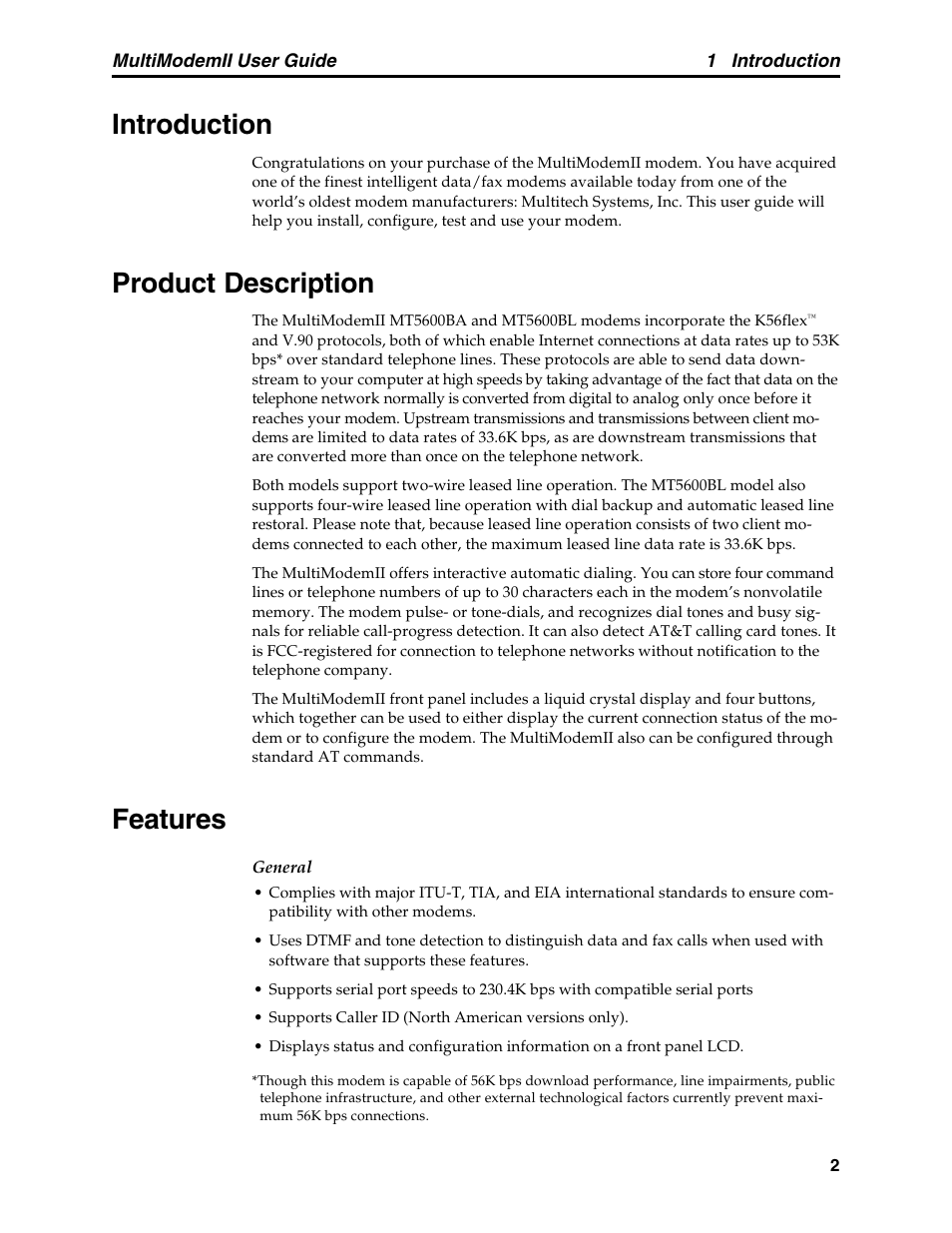 Chapter 1: introduction, Introduction, Product description | Features, Introduction product description features | Multitech MULTI MODEM II MT5600BA User Manual | Page 8 / 113