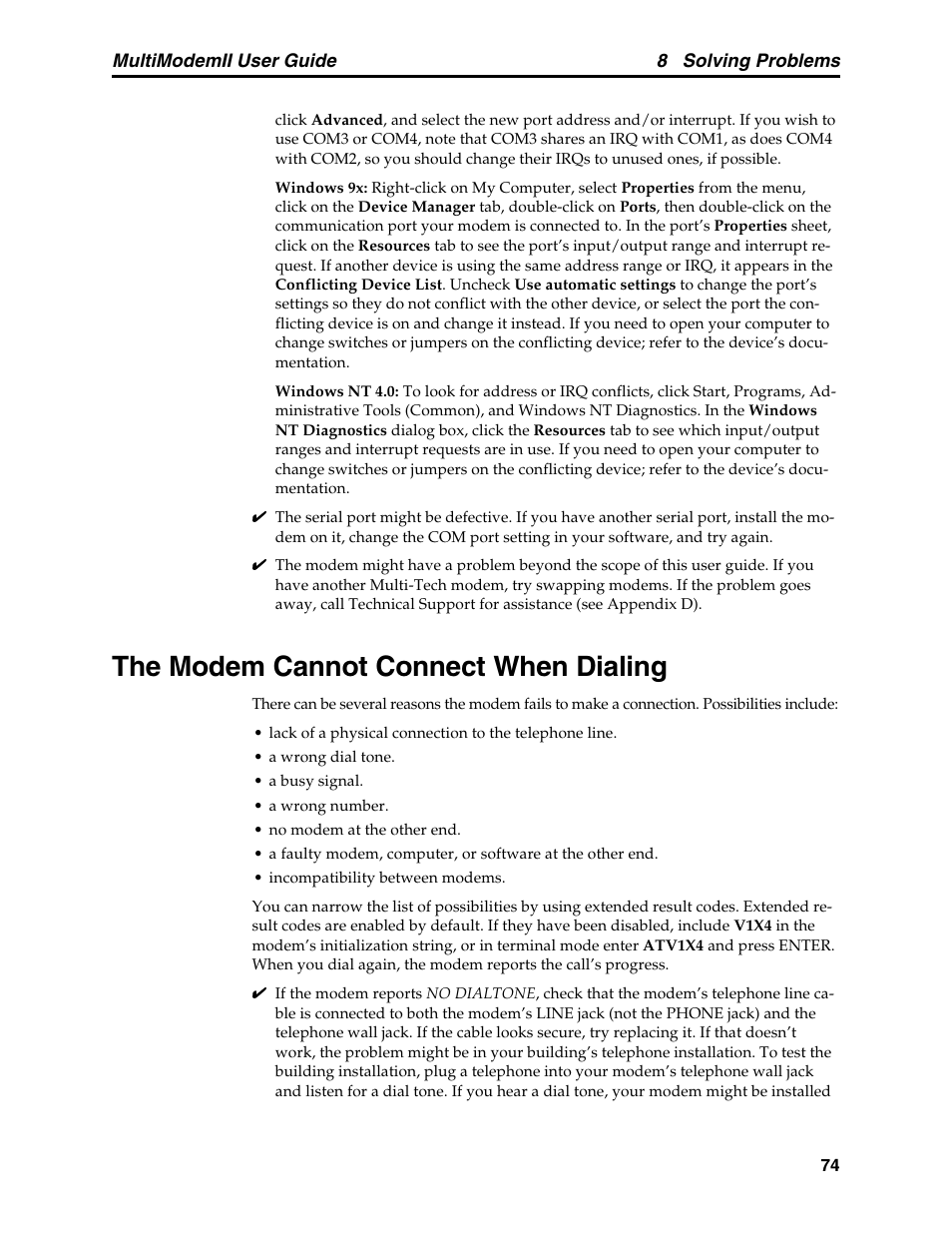 The modem cannot connect when dialing | Multitech MULTI MODEM II MT5600BA User Manual | Page 80 / 113