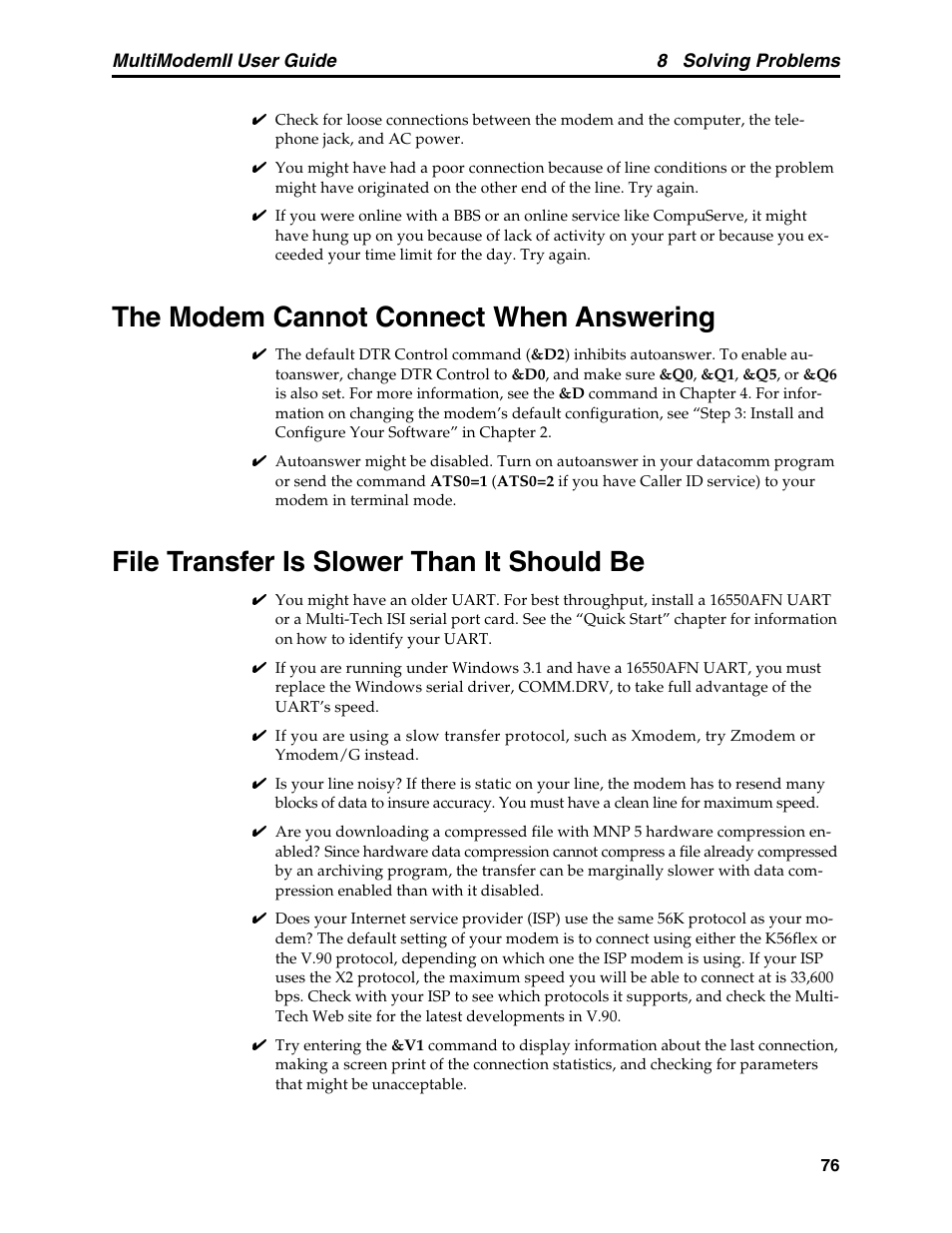 The modem cannot connect when answering, File transfer is slower than it should be | Multitech MULTI MODEM II MT5600BA User Manual | Page 82 / 113