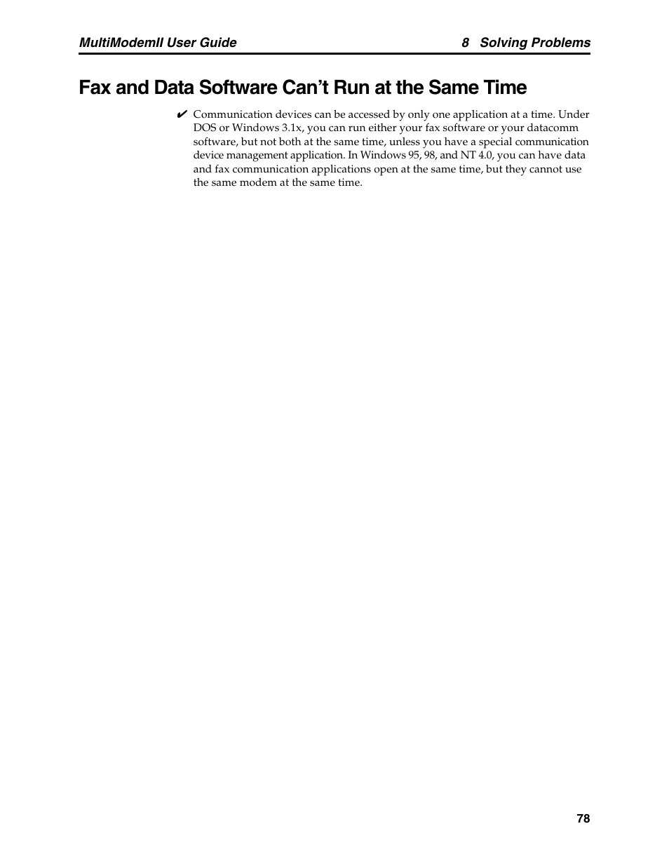 Fax and data software can't run at the same time, Fax and data software can’t run at the same time | Multitech MULTI MODEM II MT5600BA User Manual | Page 84 / 113
