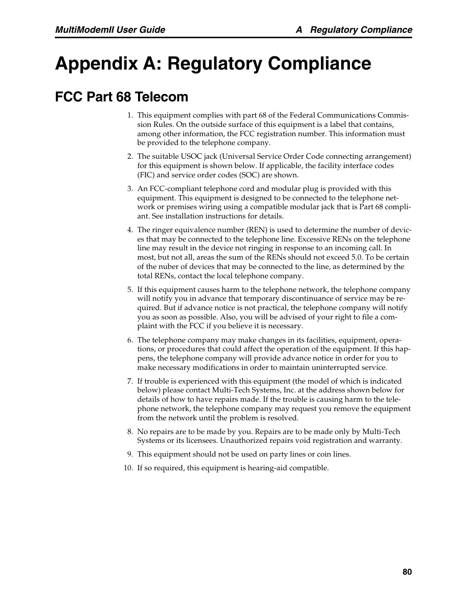 Appendix a: regulatory compliance, Fcc part 68 telecom | Multitech MULTI MODEM II MT5600BA User Manual | Page 86 / 113