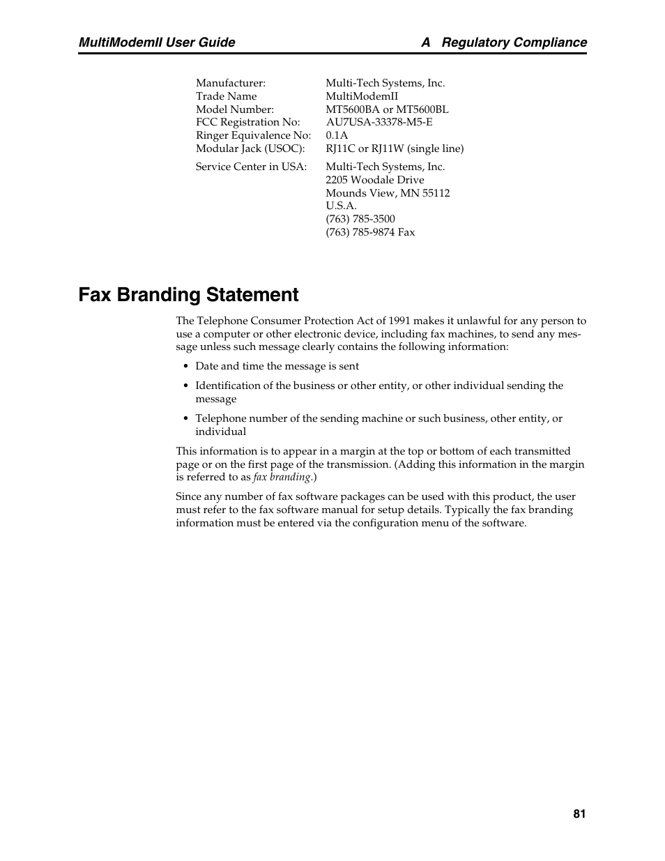 Fax branding statement | Multitech MULTI MODEM II MT5600BA User Manual | Page 87 / 113