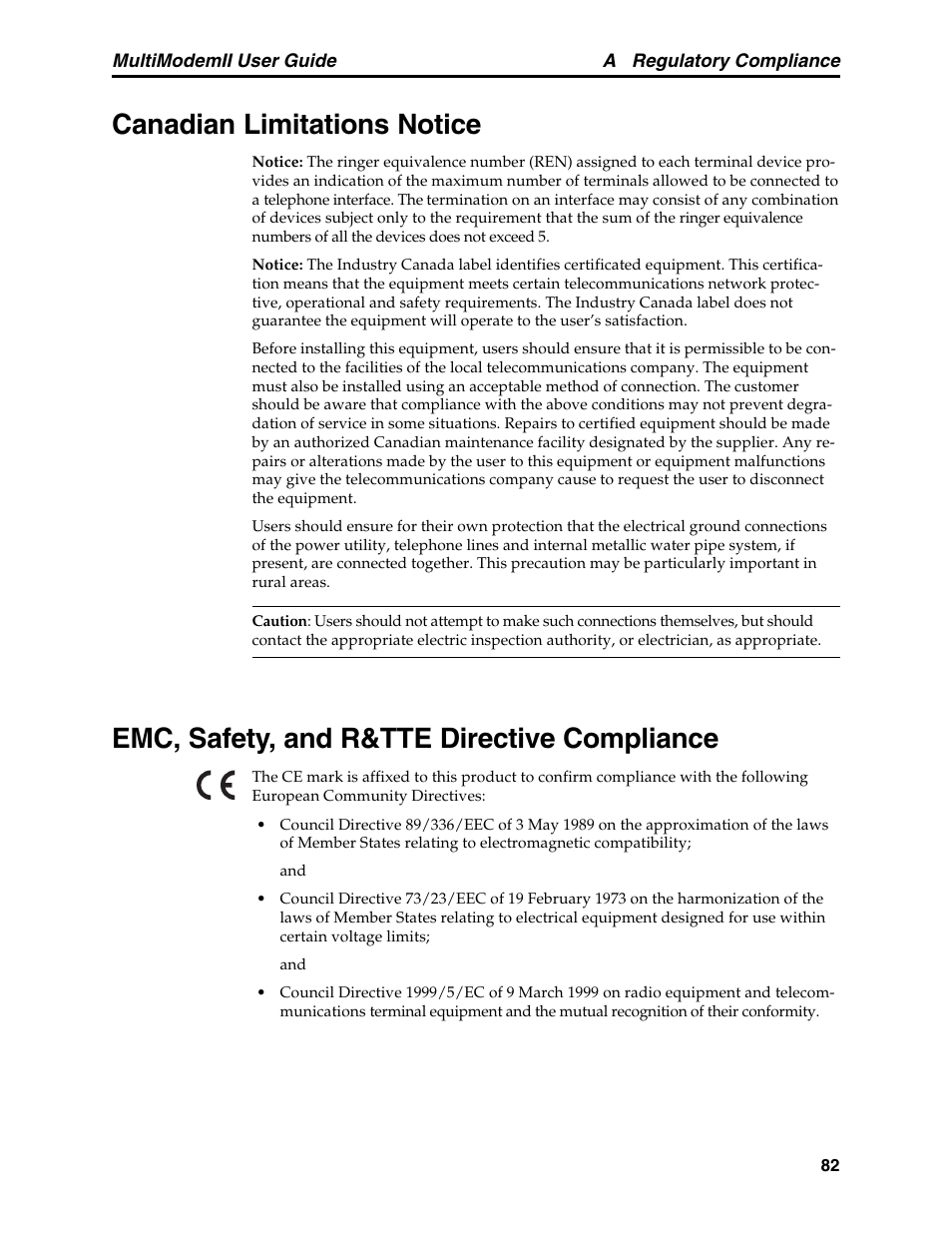 Canadian limitations notice, Emc, safety, and r&tte directive compliance | Multitech MULTI MODEM II MT5600BA User Manual | Page 88 / 113