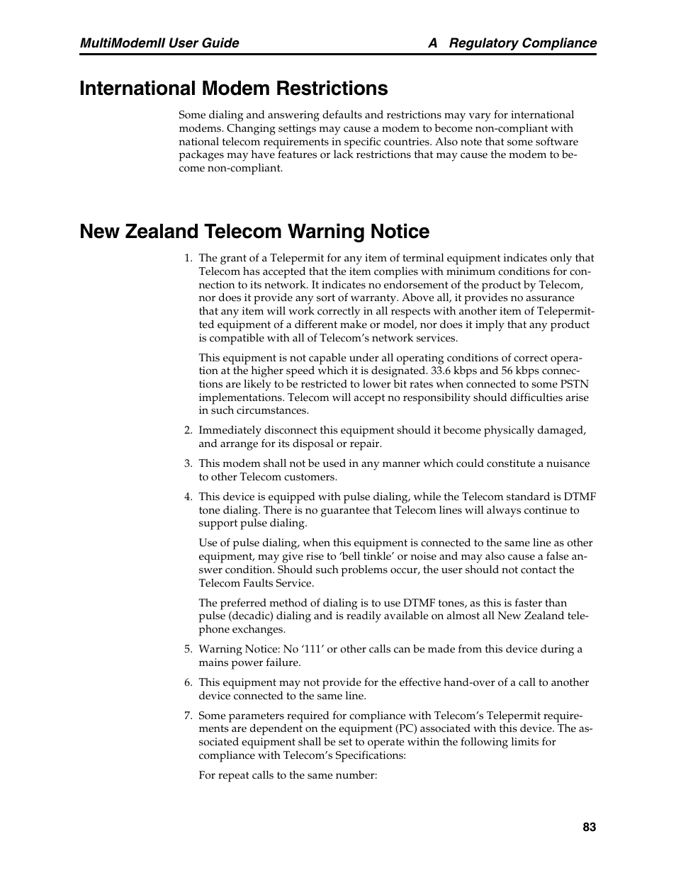 International modem restrictions, New zealand telecom warning notice | Multitech MULTI MODEM II MT5600BA User Manual | Page 89 / 113