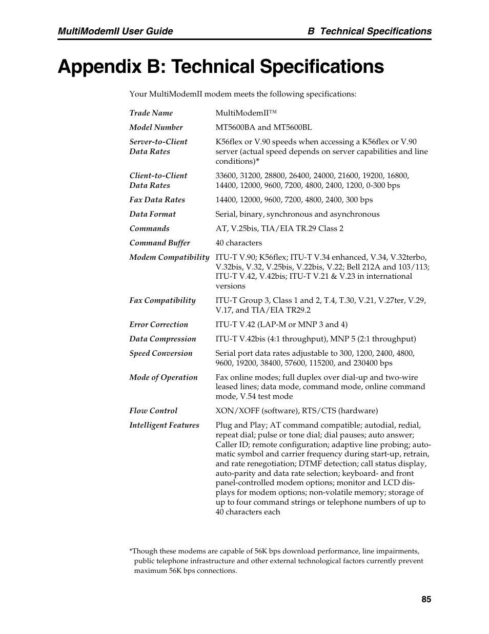 Appendix b: technical specifications | Multitech MULTI MODEM II MT5600BA User Manual | Page 91 / 113