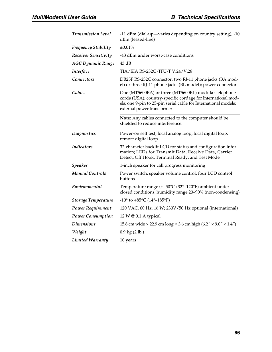 B technical specifications, Multimodemii user guide | Multitech MULTI MODEM II MT5600BA User Manual | Page 92 / 113