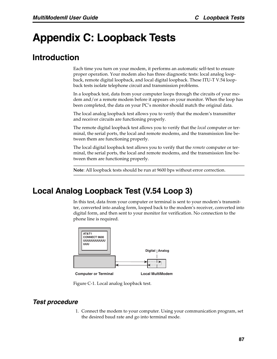 Appendix c: loopback tests, Introduction, Local analog loopback test (v.54 loop 3) | Test procedure | Multitech MULTI MODEM II MT5600BA User Manual | Page 93 / 113