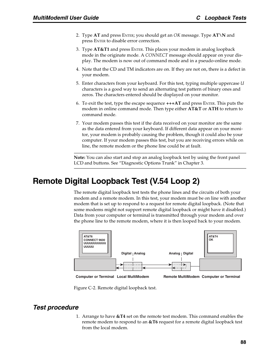 Remote digital loopback test (v.54 loop 2), Test procedure, C loopback tests | Multimodemii user guide | Multitech MULTI MODEM II MT5600BA User Manual | Page 94 / 113