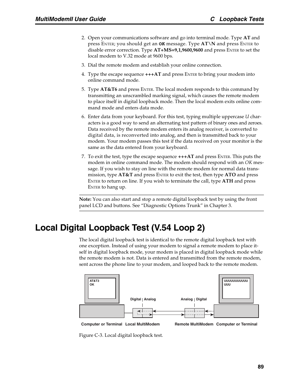 Local digital loopback test (v.54 loop 2), C loopback tests, Multimodemii user guide | Multitech MULTI MODEM II MT5600BA User Manual | Page 95 / 113