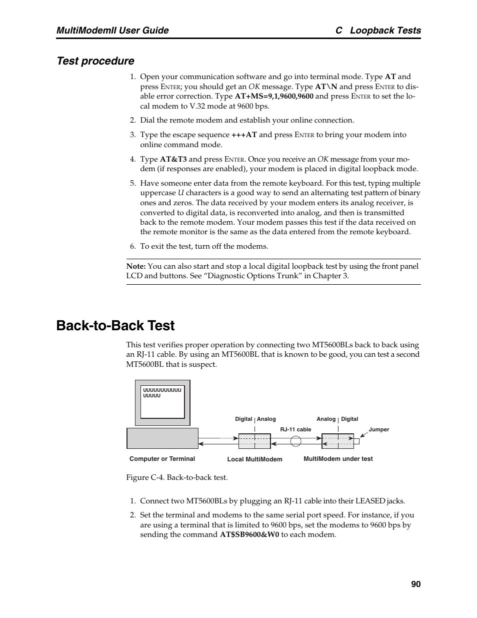 Back-to-back test, Test procedure, C loopback tests | Multimodemii user guide | Multitech MULTI MODEM II MT5600BA User Manual | Page 96 / 113