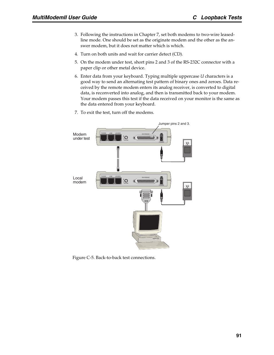 C loopback tests, Multimodemii user guide, Figure c-5. back-to-back test connections | Modem under test local modem | Multitech MULTI MODEM II MT5600BA User Manual | Page 97 / 113