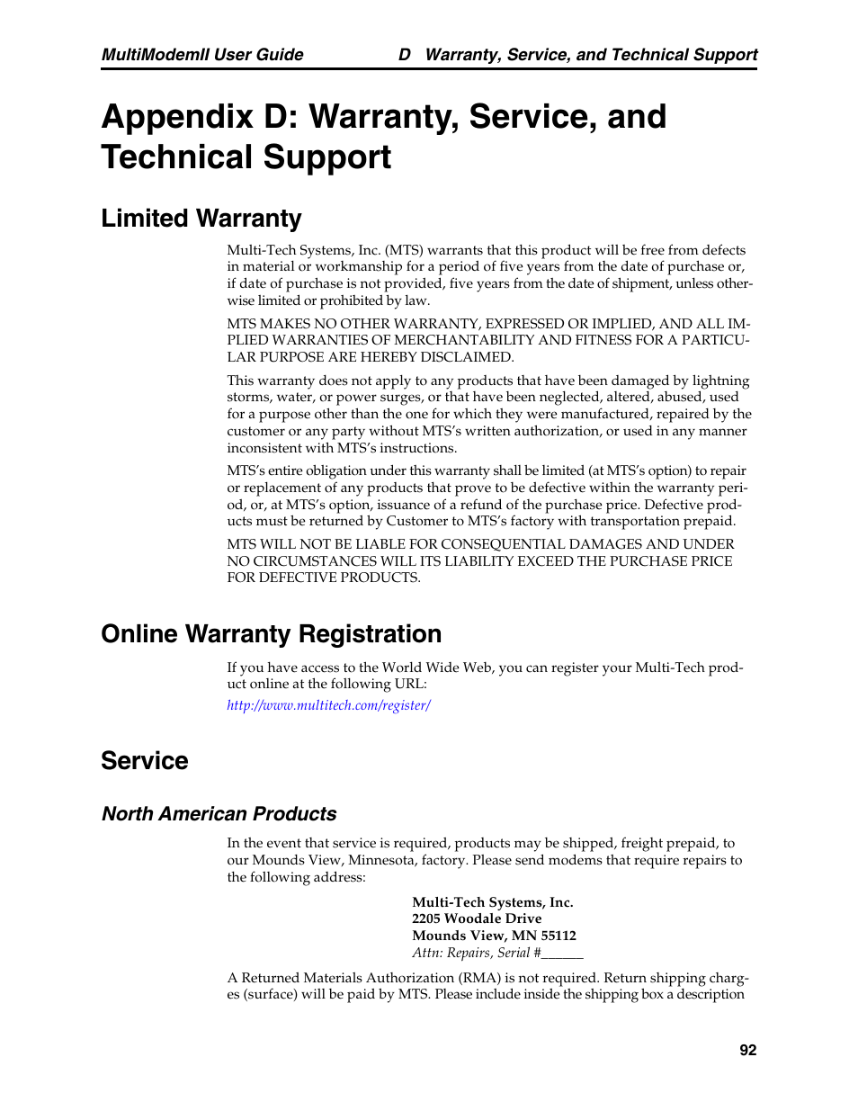 Limited warranty, Online warranty registration, Service | North american products | Multitech MULTI MODEM II MT5600BA User Manual | Page 98 / 113
