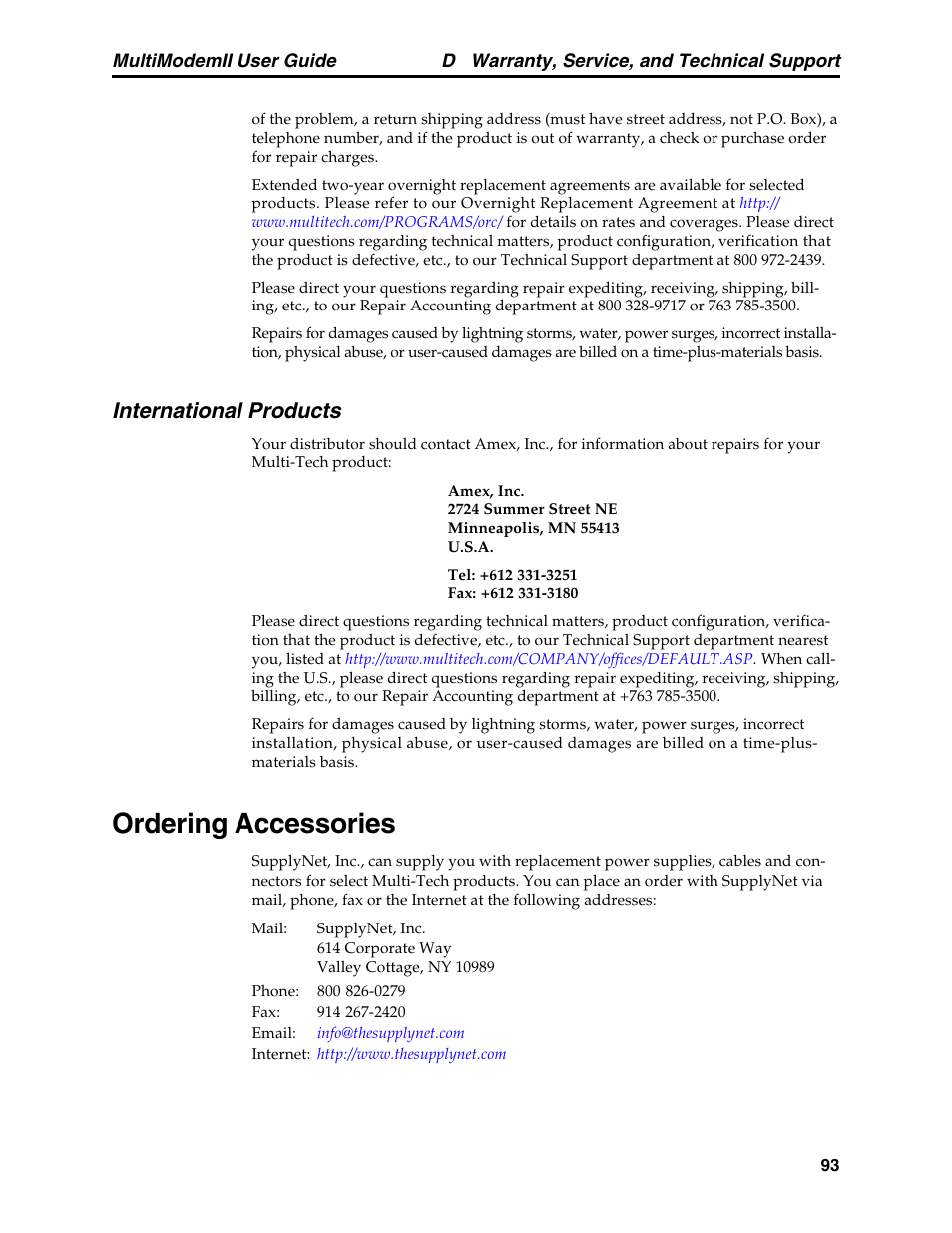 International products, Ordering accessories | Multitech MULTI MODEM II MT5600BA User Manual | Page 99 / 113