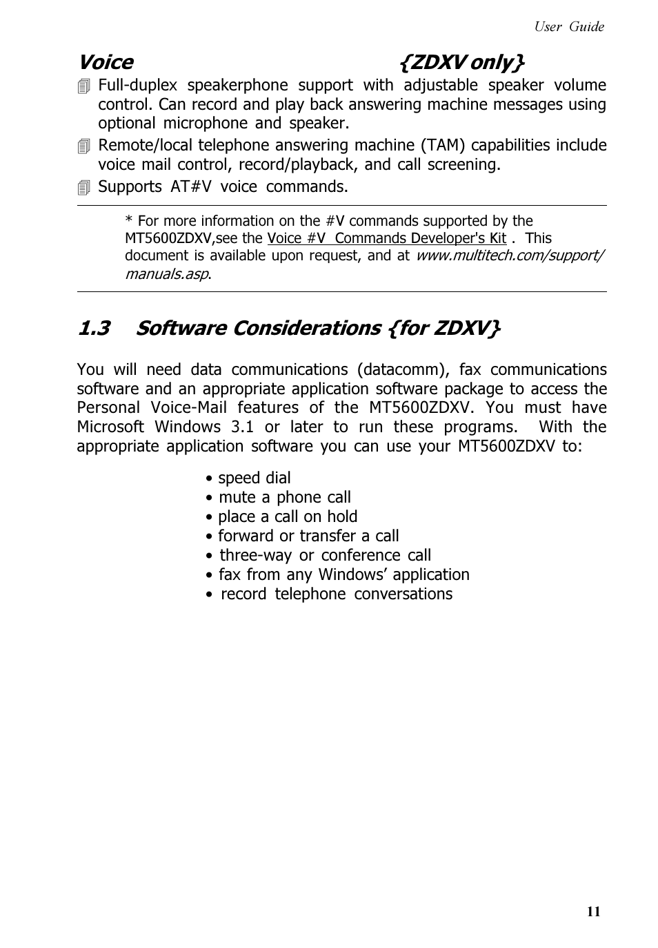 Voice {zdxv only, 3 software considerations {for zdxv | Multitech V.90/K56FLEX MT5600ZDXV User Manual | Page 11 / 98