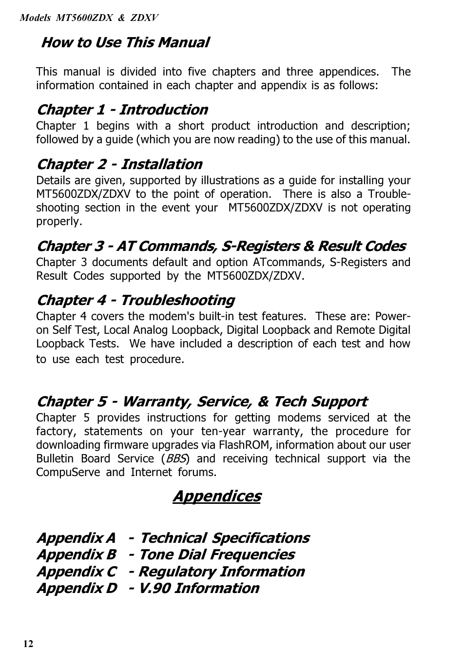 Appendices | Multitech V.90/K56FLEX MT5600ZDXV User Manual | Page 12 / 98