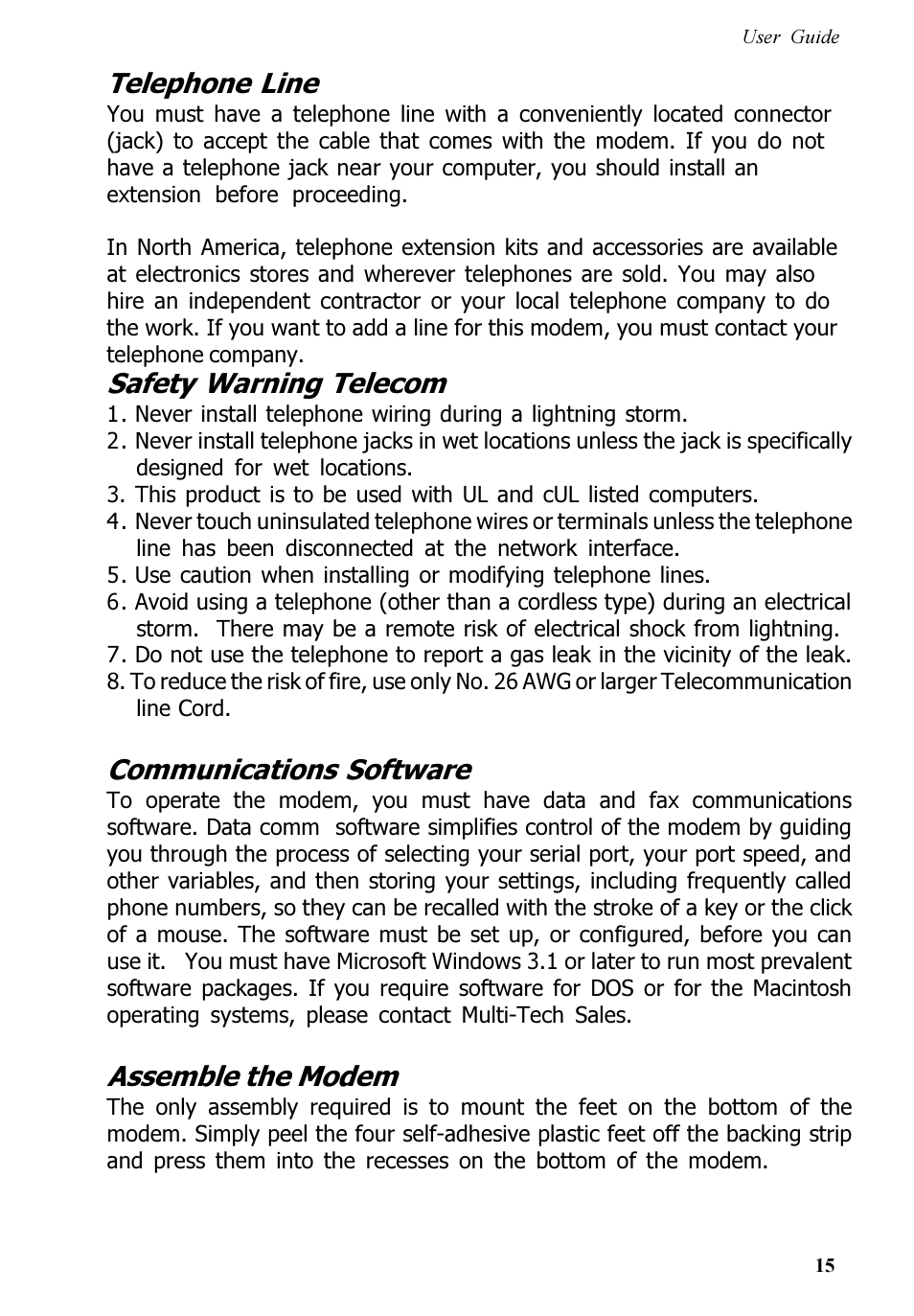 Telephone line, Safety warning telecom, Communications software | Assemble the modem | Multitech V.90/K56FLEX MT5600ZDXV User Manual | Page 15 / 98