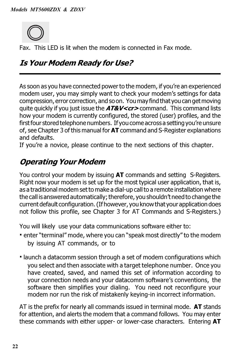 Is your modem ready for use, Operating your modem | Multitech V.90/K56FLEX MT5600ZDXV User Manual | Page 22 / 98