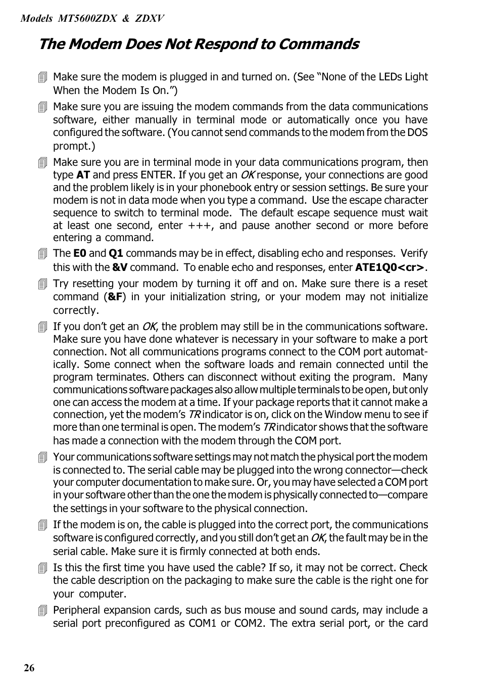 The modem does not respond to commands | Multitech V.90/K56FLEX MT5600ZDXV User Manual | Page 26 / 98