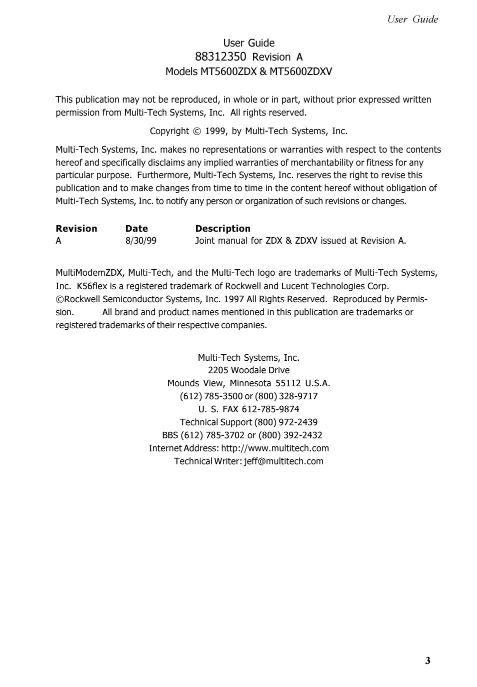 Multitech V.90/K56FLEX MT5600ZDXV User Manual | Page 3 / 98